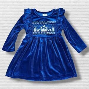 Girls Blue Velvet Nativity Dress 2T Christmas Long Sleeve Ruffle Holiday